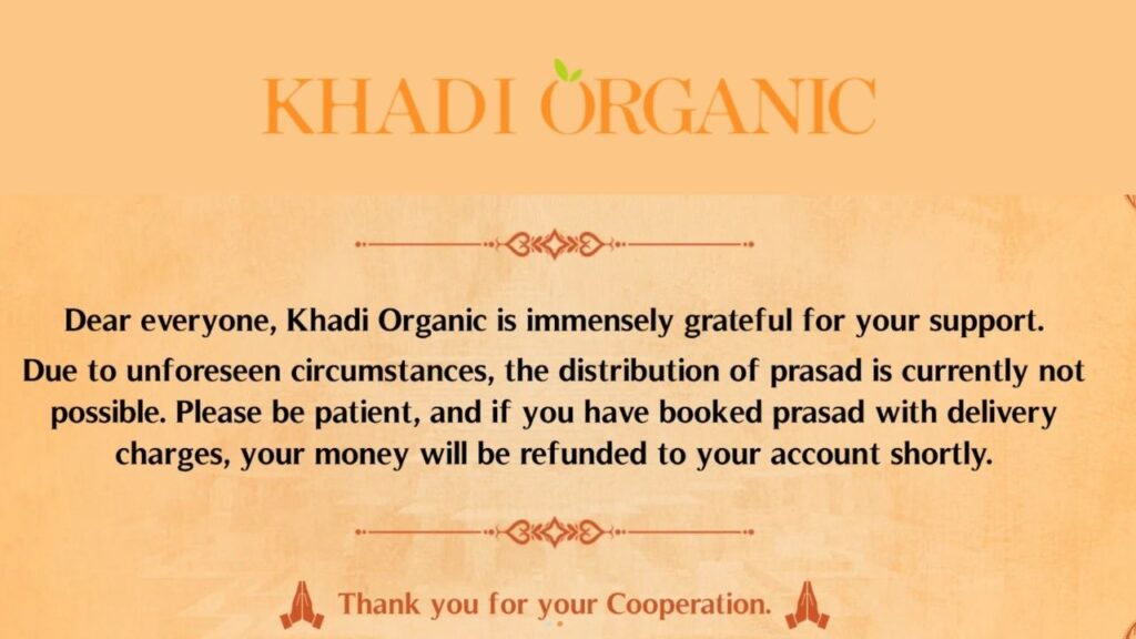 Khadi Organic Official Message on Website Ban