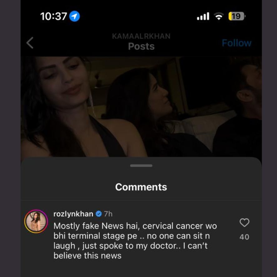 Actress Rozlyn Khan commented on KRK’s Instagram post that Poonam Pandey Death News is Fake