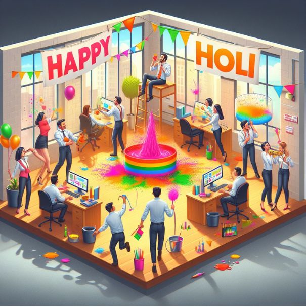 office where all employees are playing holi together