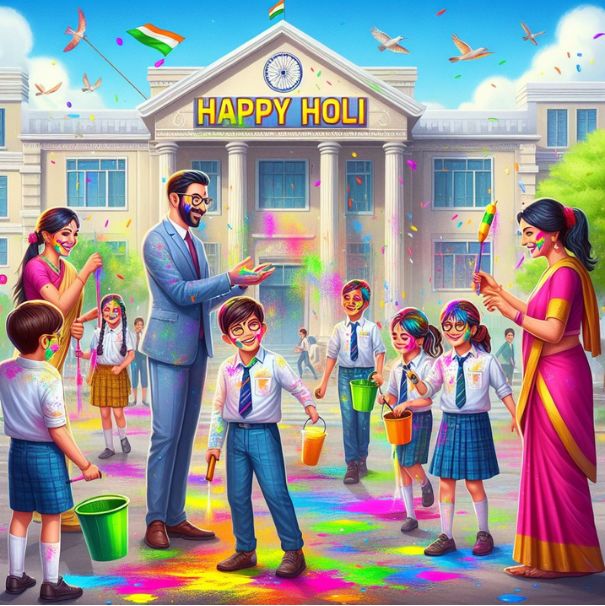 teachers and children are playing holi together